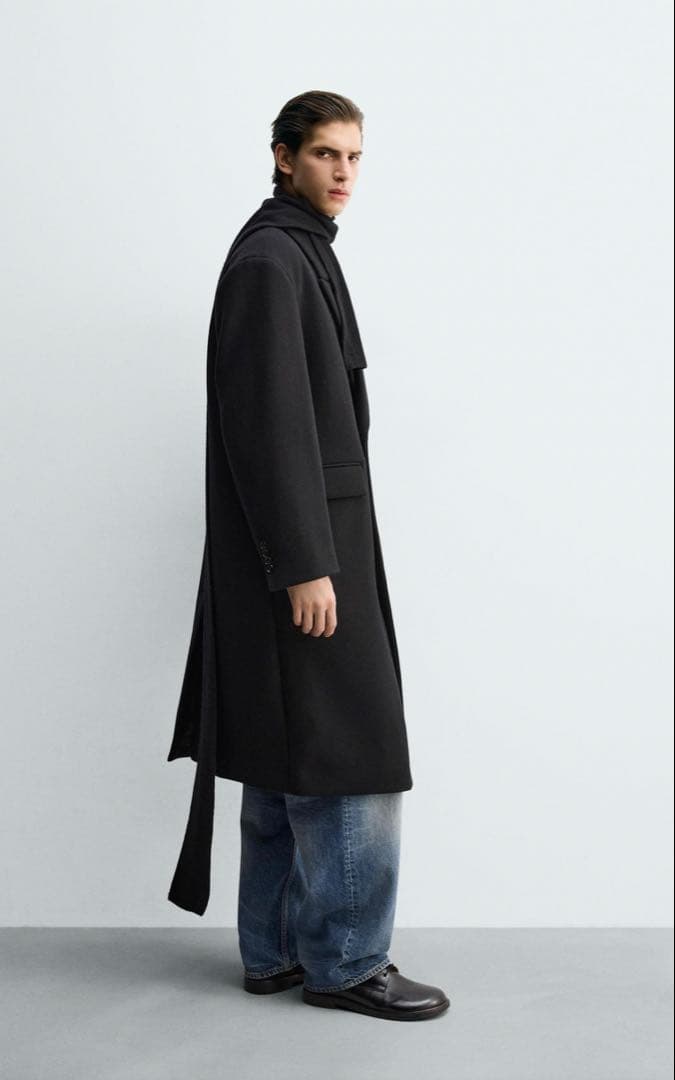 未使用】ZARA ウール混オーバーサイズ ダブルブレストコート 黒 M