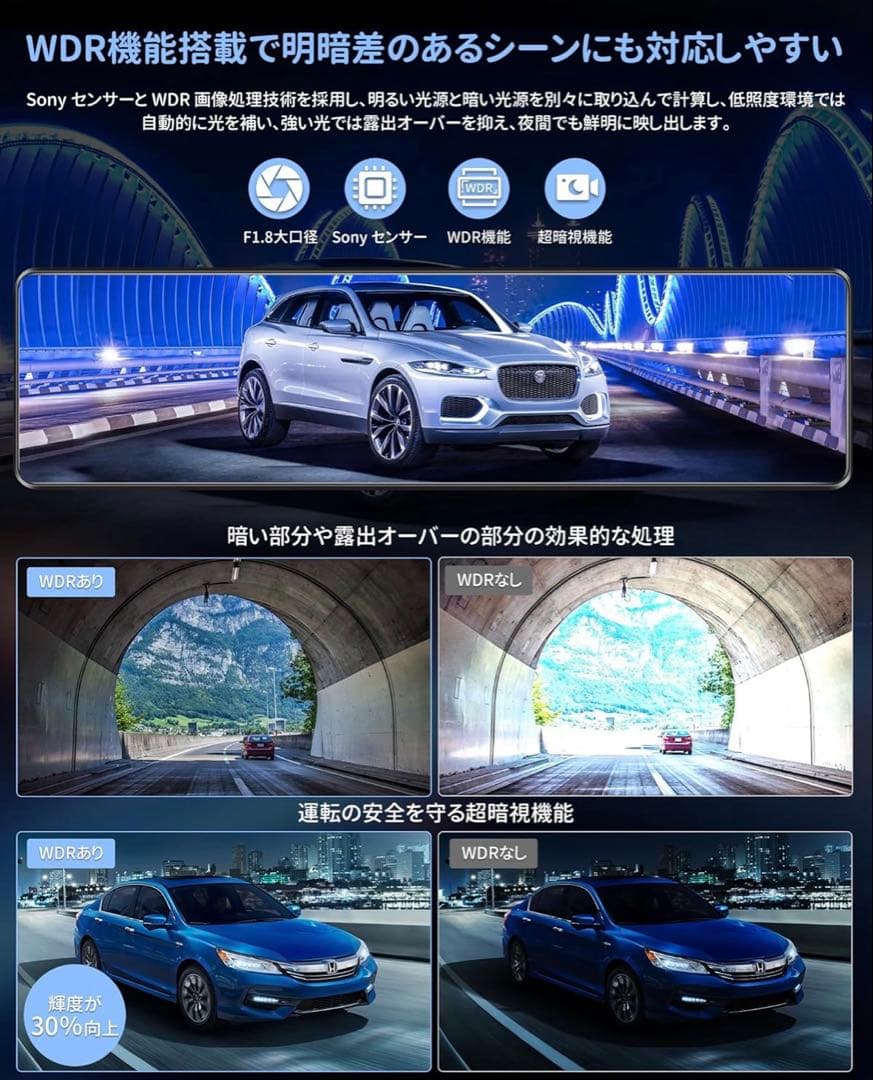 ドライブレコーダー ミラー型 4K WiFi 12インチ 前後カメラ 10M