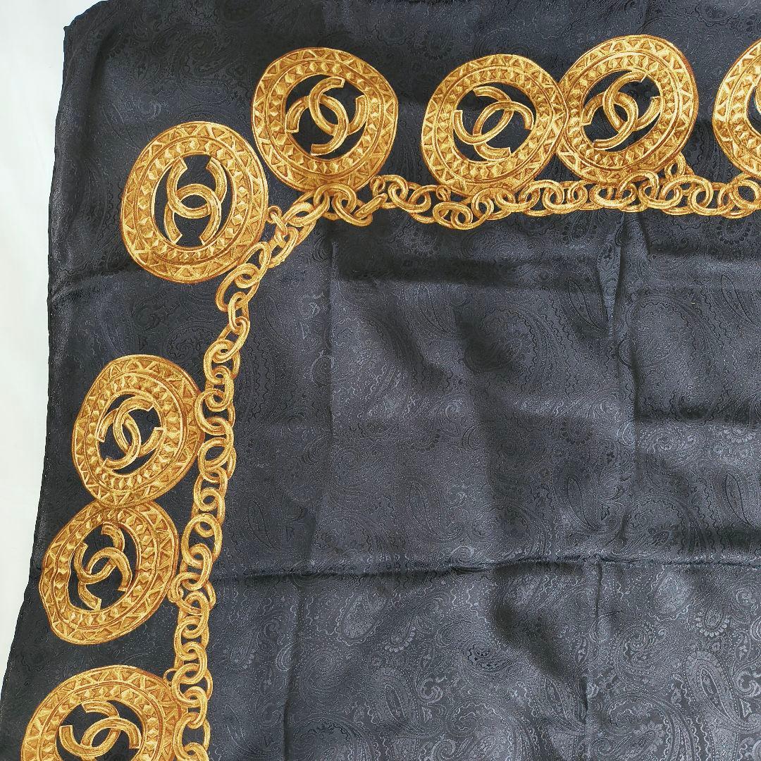 Chanel スカーフ 黒金 チェーン柄 シルク