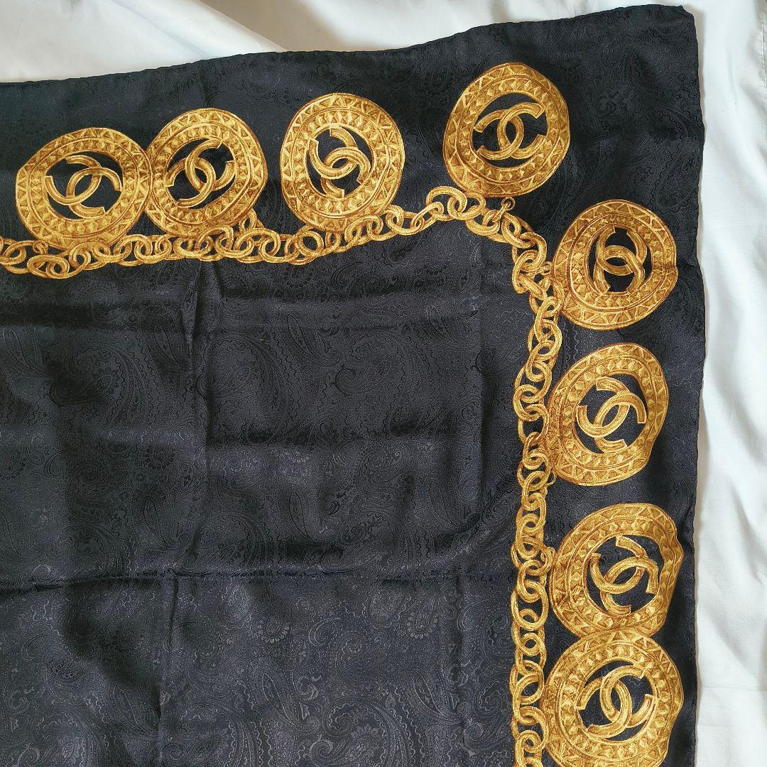 Chanel スカーフ 黒金 チェーン柄 シルク
