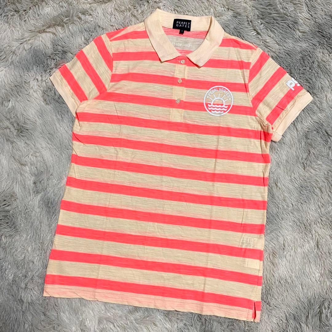 パーリーゲイツ　ポロシャツ　ボーダー　ロゴ　レディース　日本製　ピンク　M