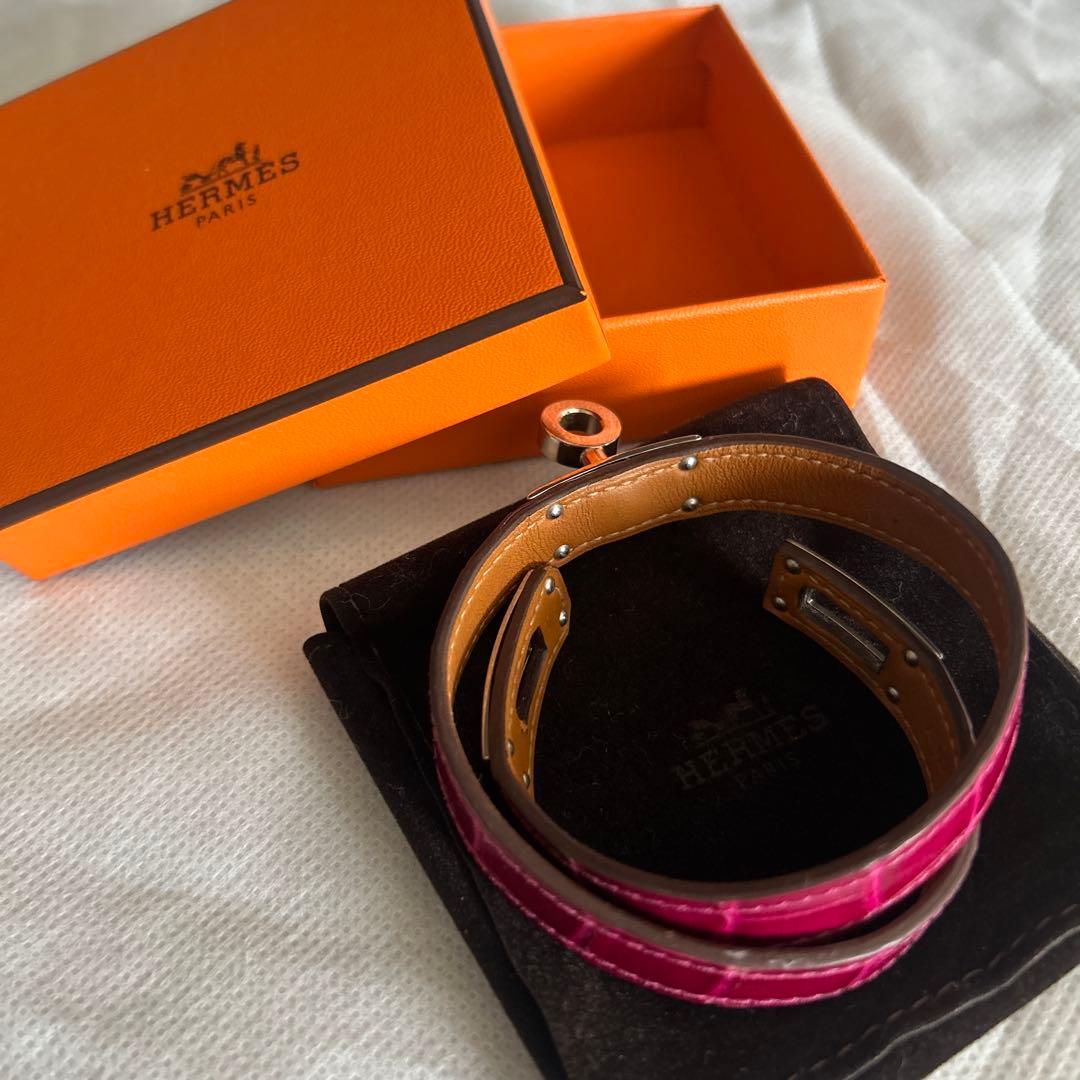 みこさま専用 エルメス クロコ ピンク シルバー金具 バングル ドゥブル