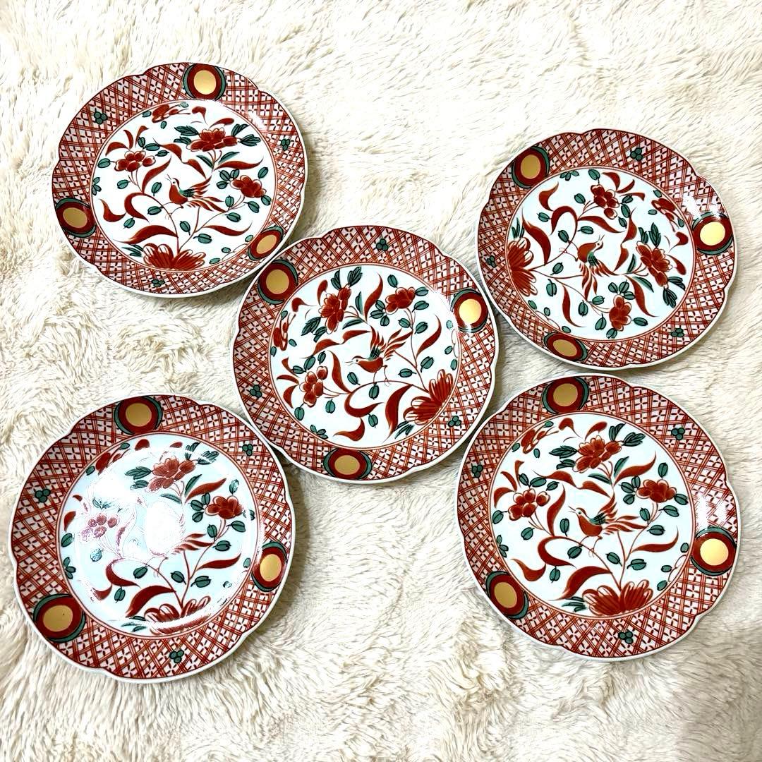 新品 たち吉 橘吉 赤絵花鳥 中皿5枚 木箱付 金彩丸紋