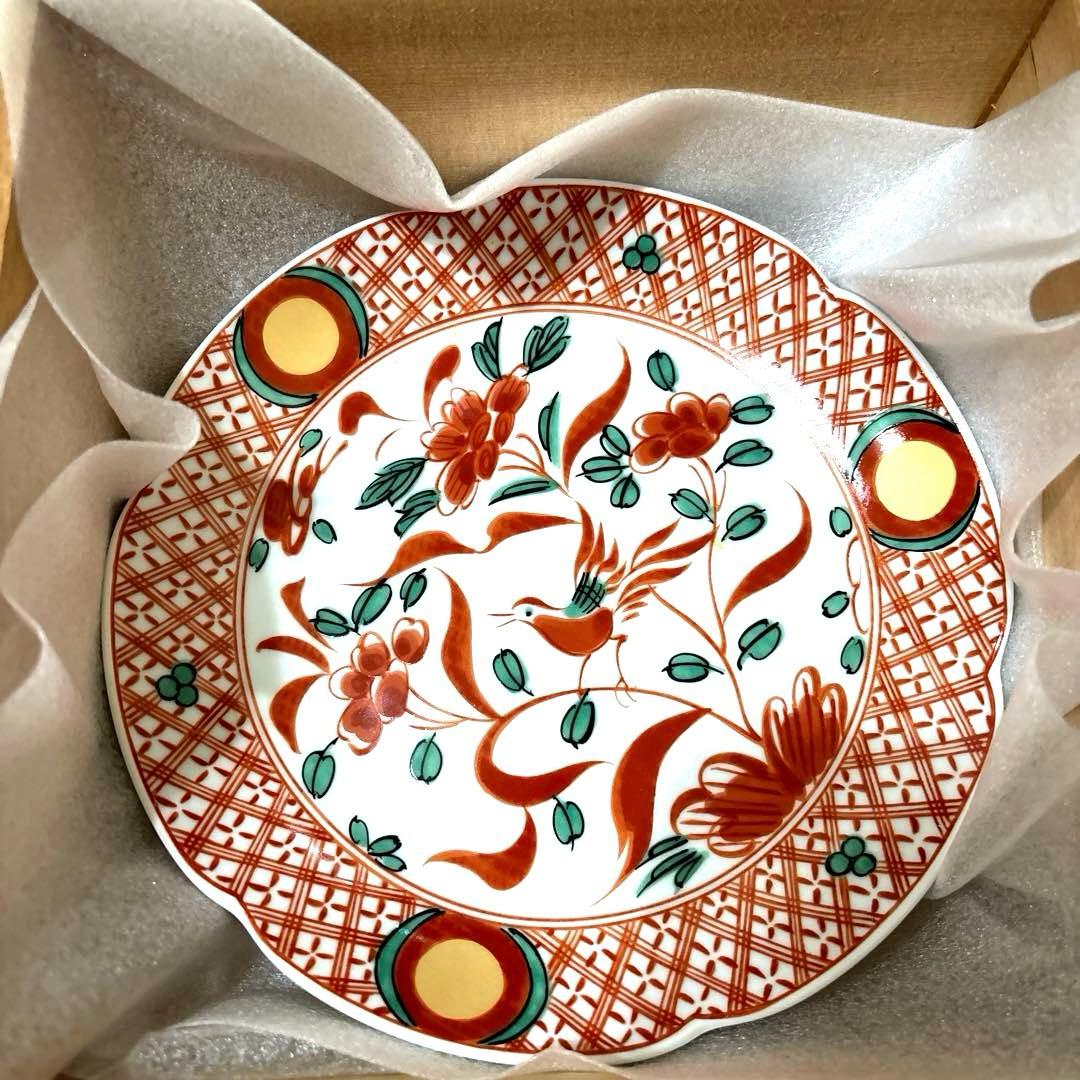 新品 たち吉 橘吉 赤絵花鳥 中皿5枚 木箱付 金彩丸紋