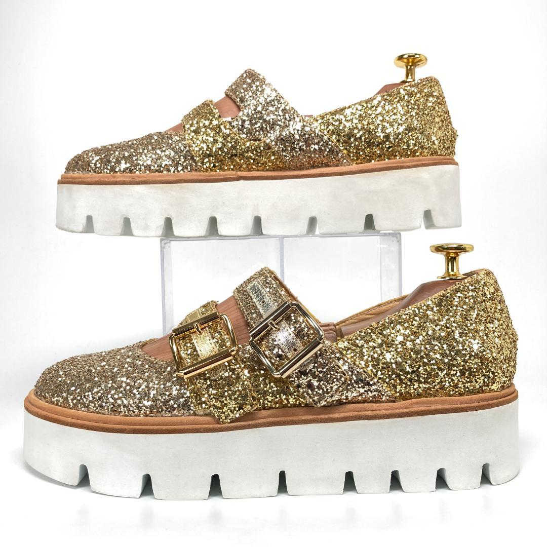 エムエム6メゾンマルジェラ　メリージェーン　厚底グリッターシューズ　ゴールド　金
