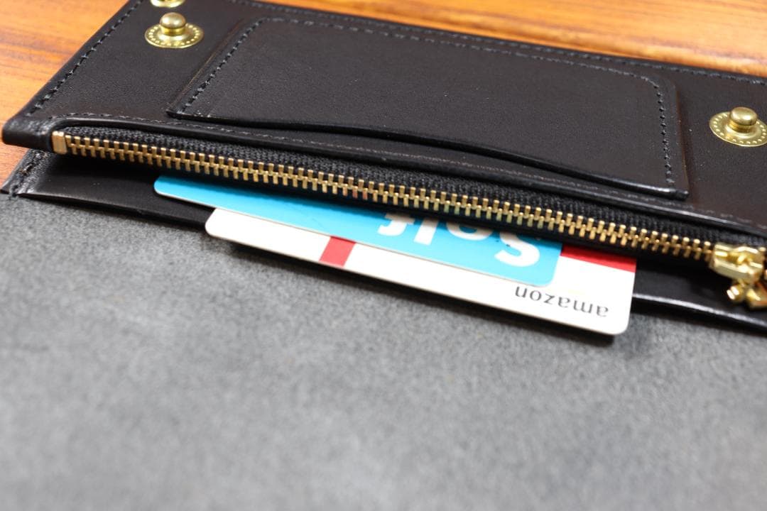 ロングトラッカーウォレット　真鍮　黒革　黒糸　栃木レザー