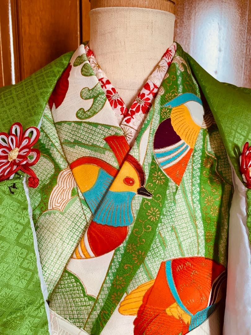 七五三 3歳の女の子のお支度 グリーンのお被布におしどりのお