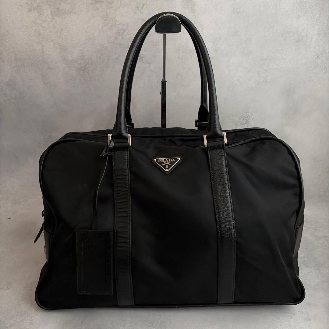 美品✨】PRADA ボストントート ナイロン×サフィアーノレザー 黒 三角