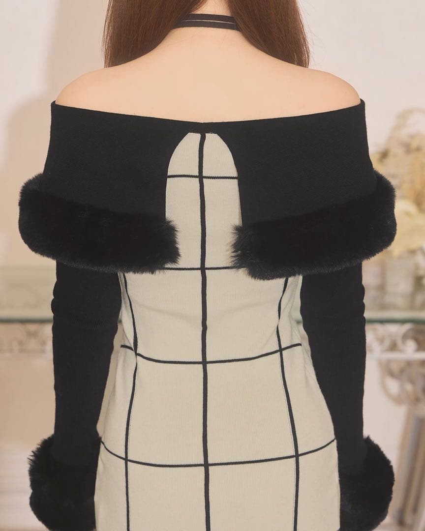 ミシェルマカロン フェザーオフショルチェックワンピース