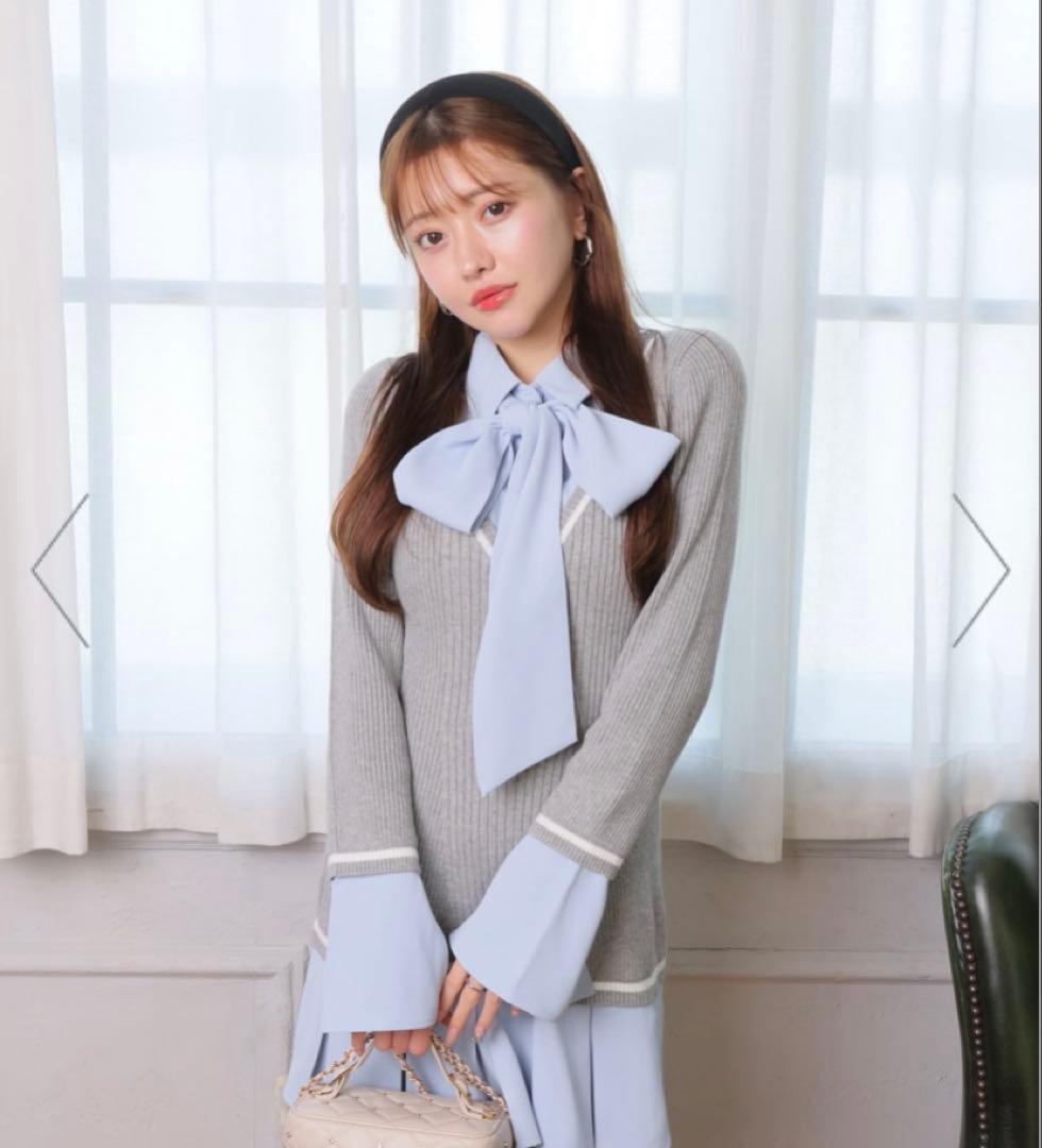 リボン付きグレー水色ミニワンピース