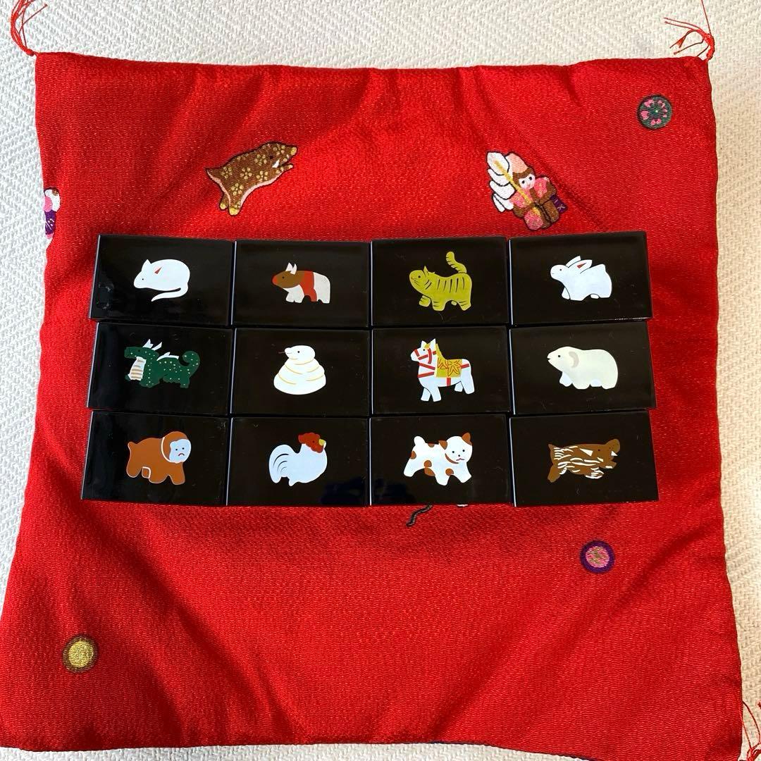 十二支升飾り 縮緬座布団 正月セット 祝い席 祝杯 酒杯 盃分 漆調 千福万来