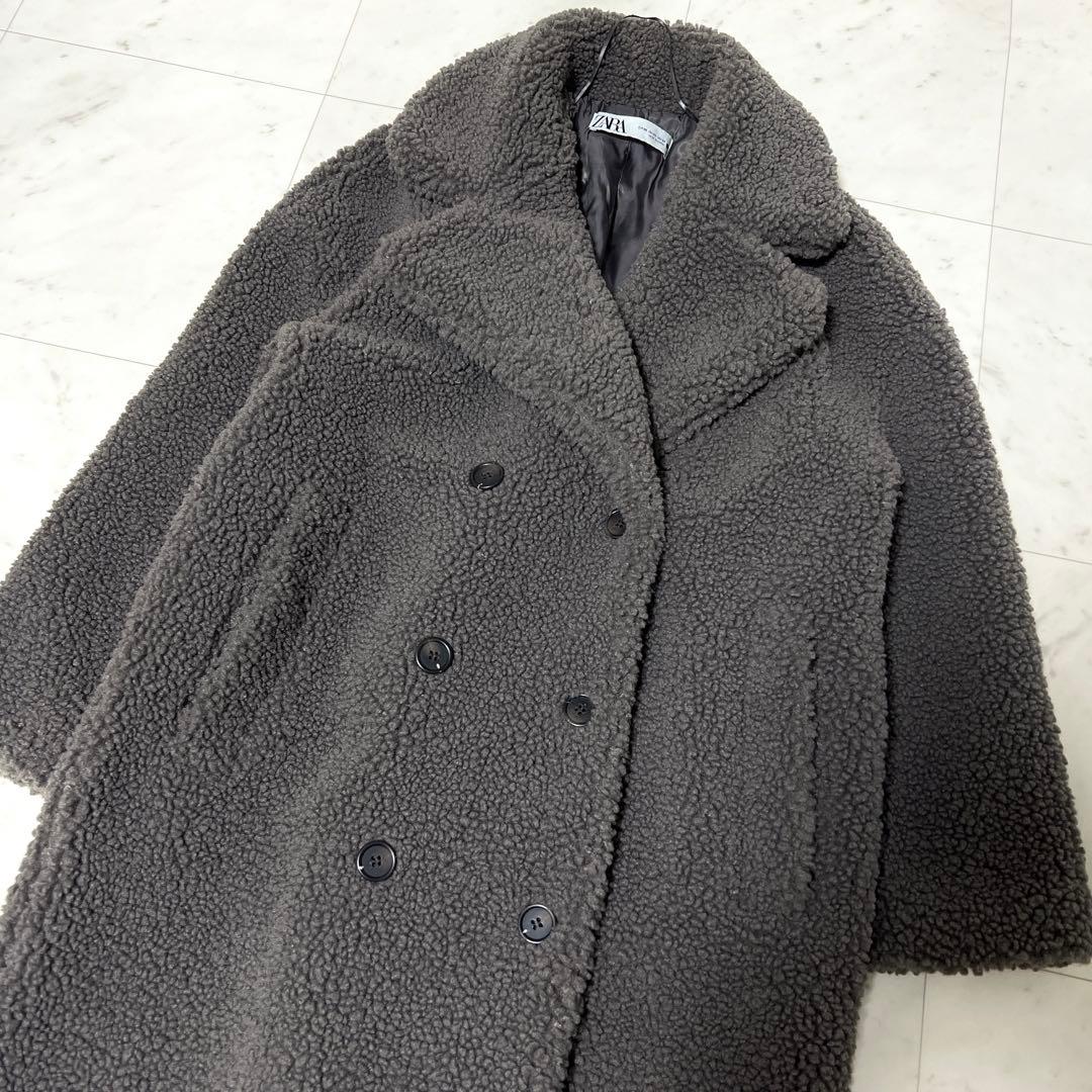 ZARA ザラ ダブルブレストフェイクボアコート テディベアコート グレー