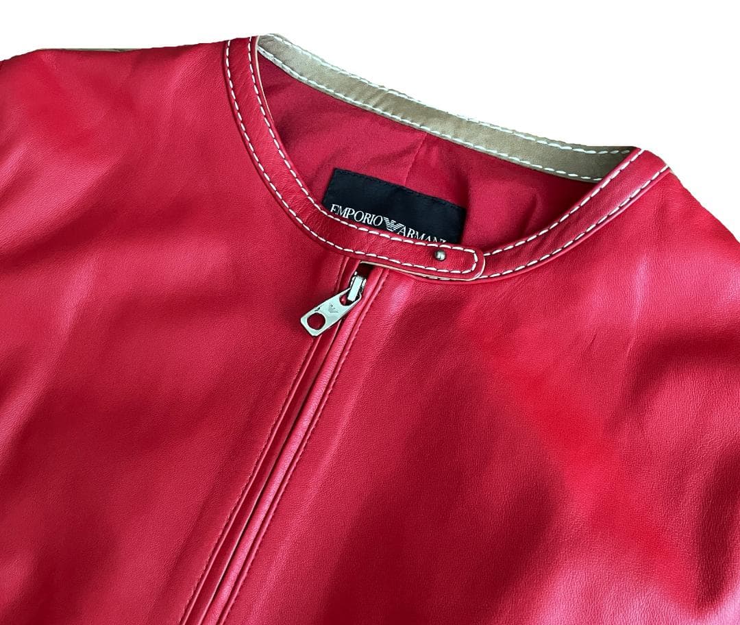 極美品 エンポリオアルマーニ 羊革 ラムレザー ライダース ジャケット 42 赤