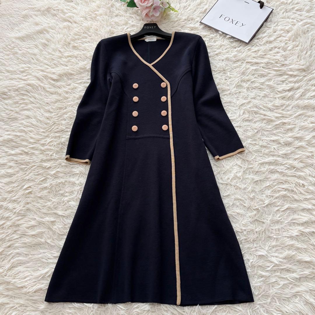 フォクシー ウール100%ダブルボタンパイピングフレアワンピース 紺 L