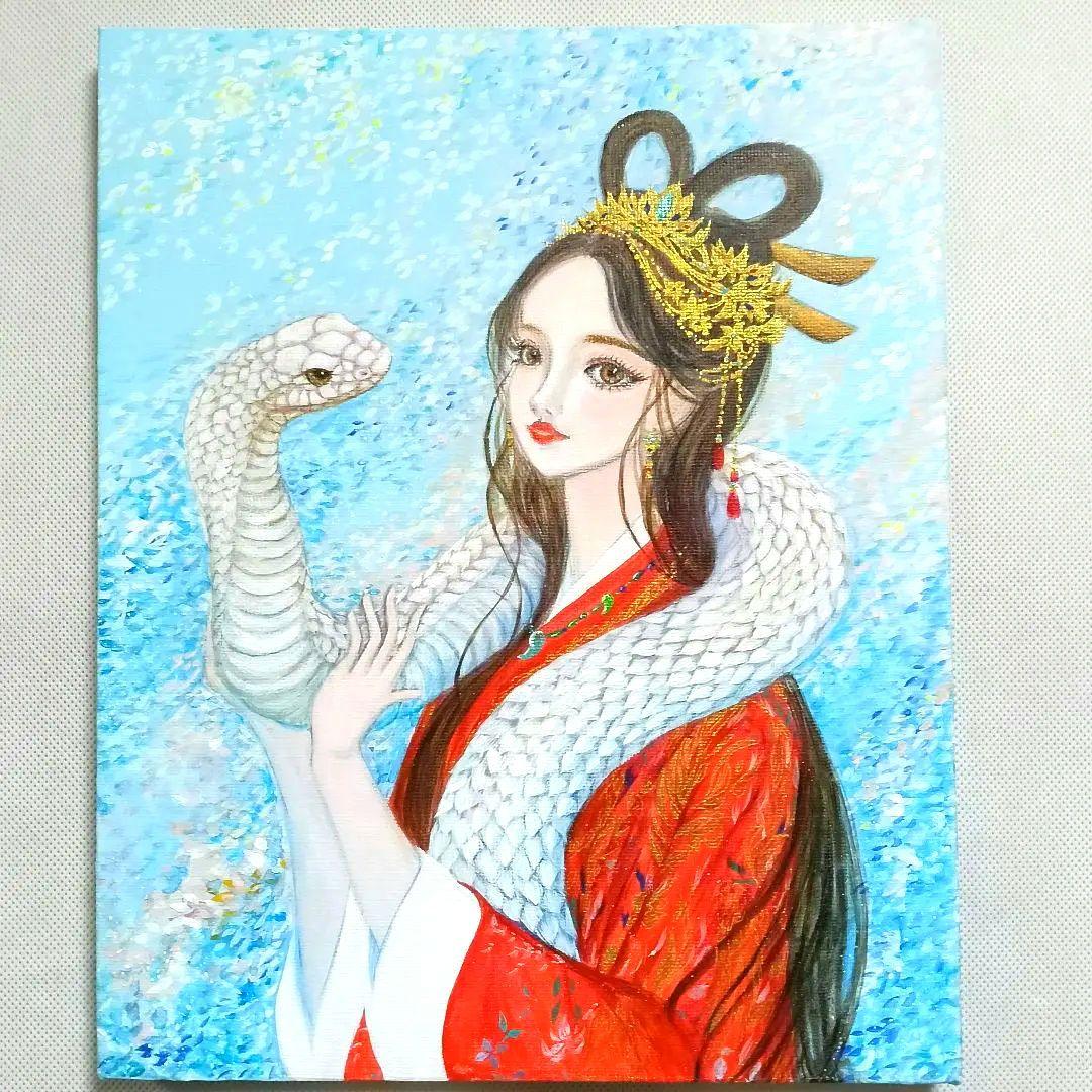 No.550 アクリル画　弁財天　白蛇　弁天様　蛇の絵　開運絵画　原画
