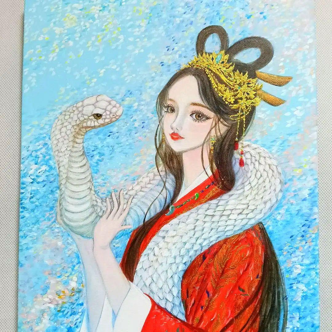 No.550 アクリル画　弁財天　白蛇　弁天様　蛇の絵　開運絵画　原画