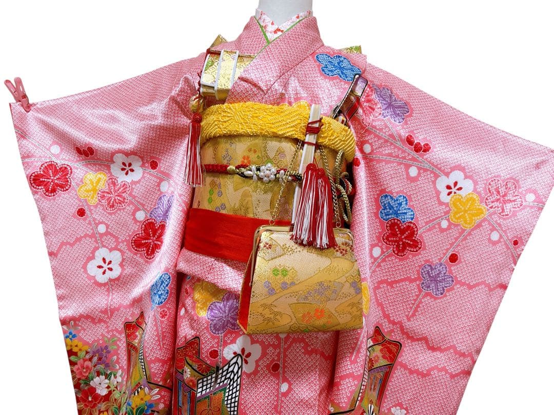 ピンク鹿の子柄♡七五三　7歳　女の子　フルセット　一式　パール付帯締め　ゴールド