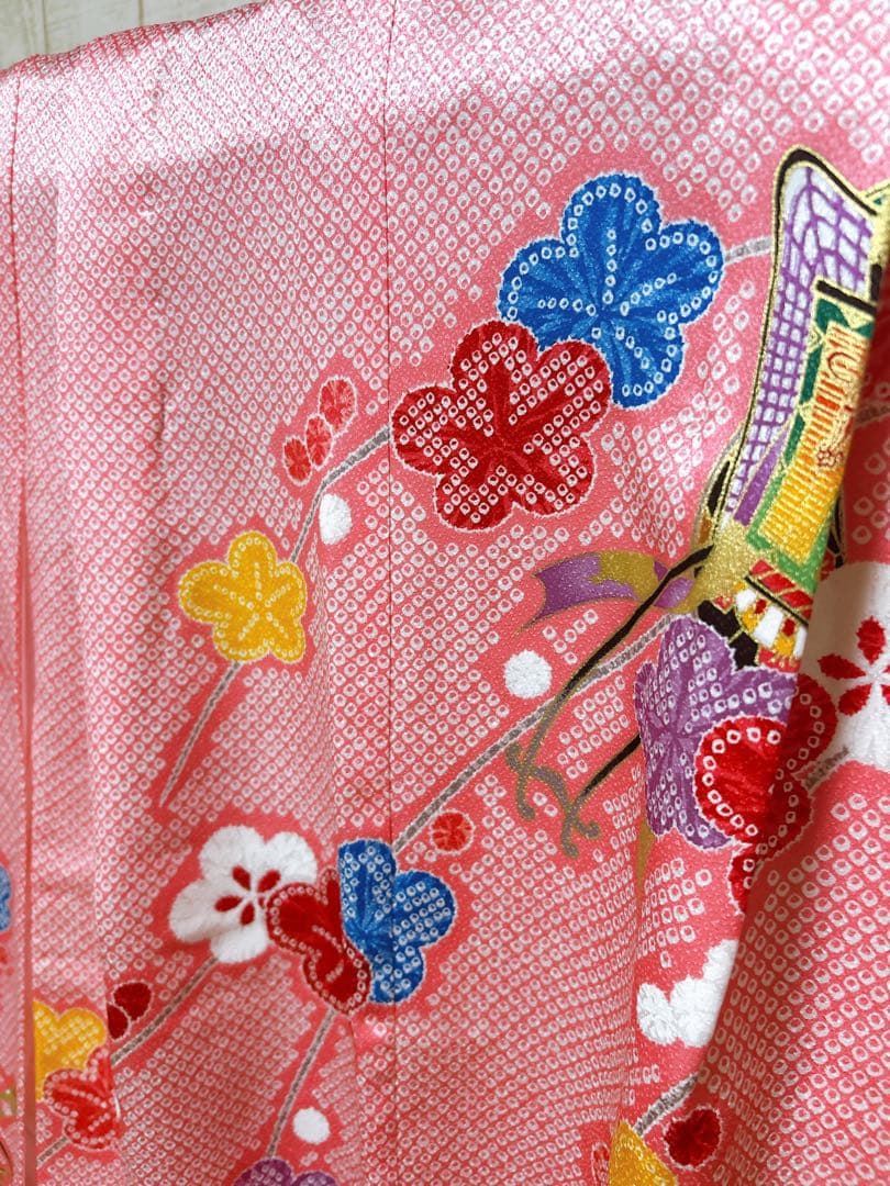 ピンク鹿の子柄♡七五三　7歳　女の子　フルセット　一式　パール付帯締め　ゴールド