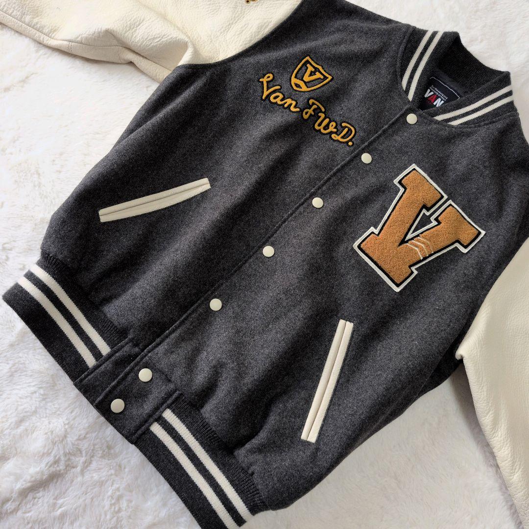 希少 美品 VAN JACスタジャン フルデコ 袖牛革 ワッペン グレー