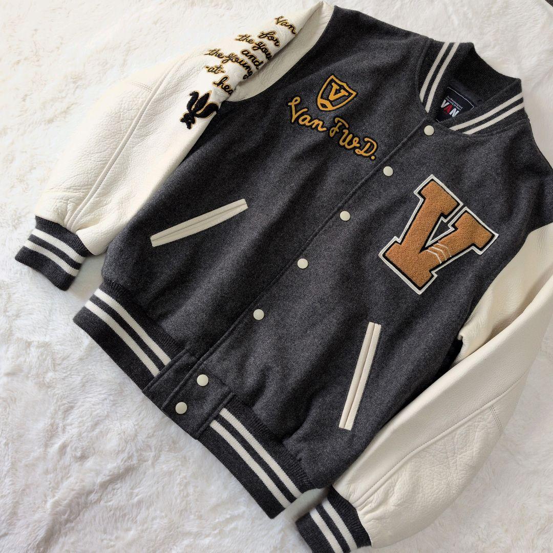 希少 美品 VAN JACスタジャン フルデコ 袖牛革 ワッペン グレー