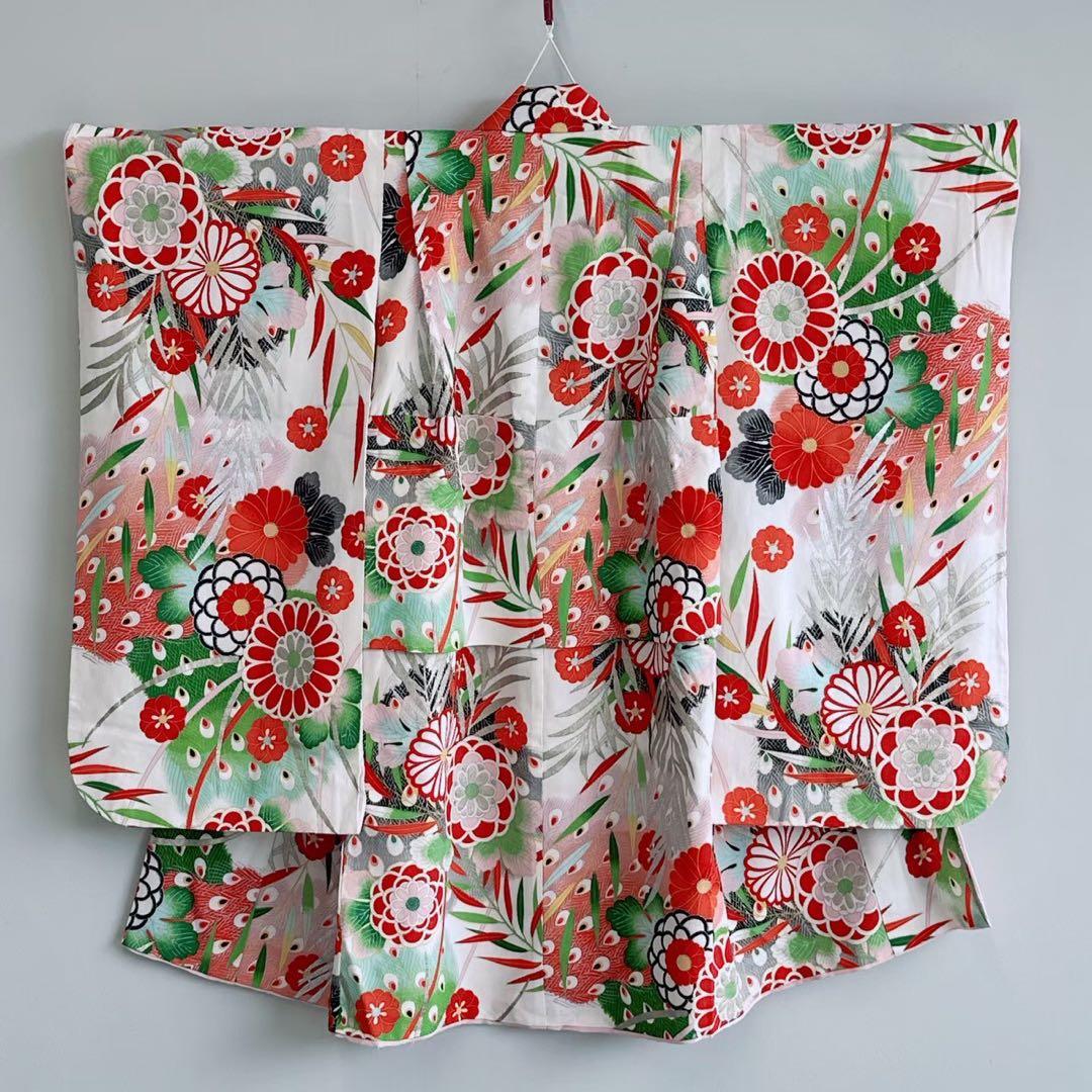 昭和レトロ　フルセット　七五三　７歳　女の子　孔雀羽　赤袋帯　簡単半衿　7083