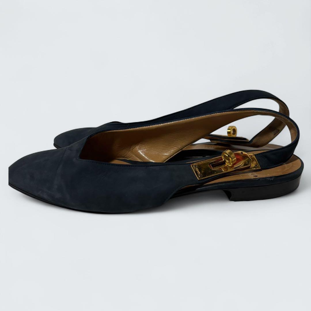 ケリー　HERMES ミュール　カデナ　フラットパンプス　24 濃紺　スエード