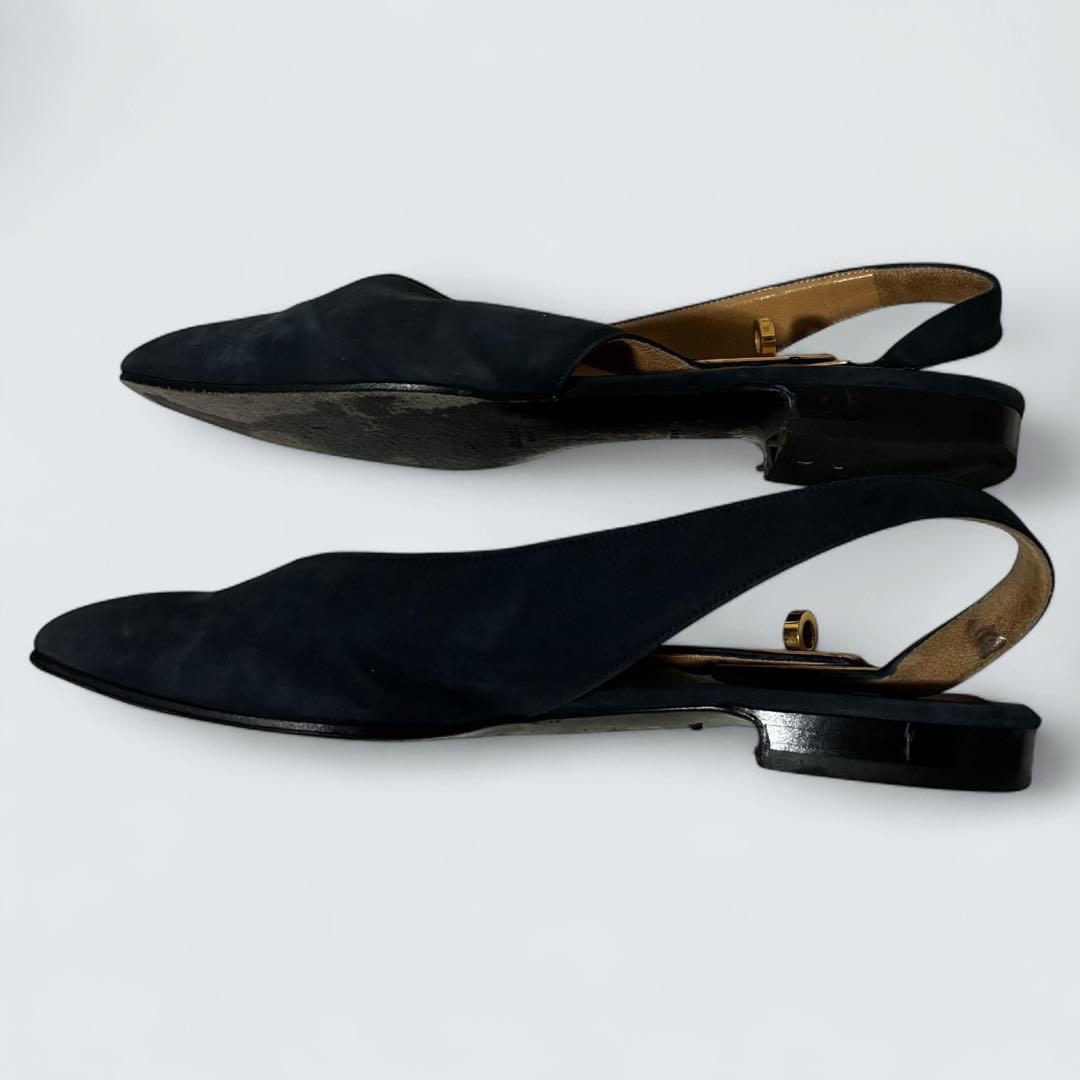 ケリー　HERMES ミュール　カデナ　フラットパンプス　24 濃紺　スエード