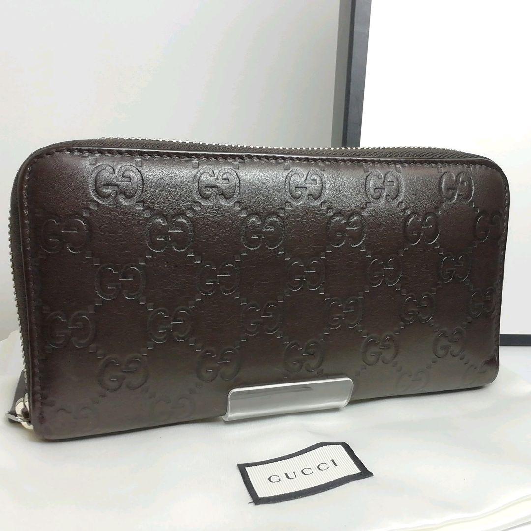 GUCCI　グッチ　シマレザー　ブラウン　ラウンドファスナー　保存袋・付属品