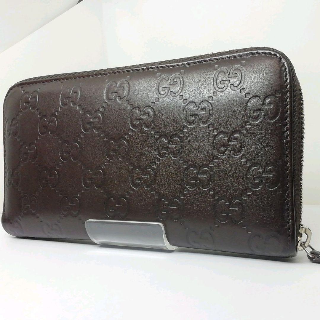 GUCCI　グッチ　シマレザー　ブラウン　ラウンドファスナー　保存袋・付属品