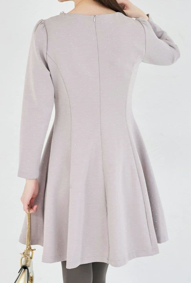 きらきらストーン×ビジュー付きリボンボンディングワンピース　アイスグレー
