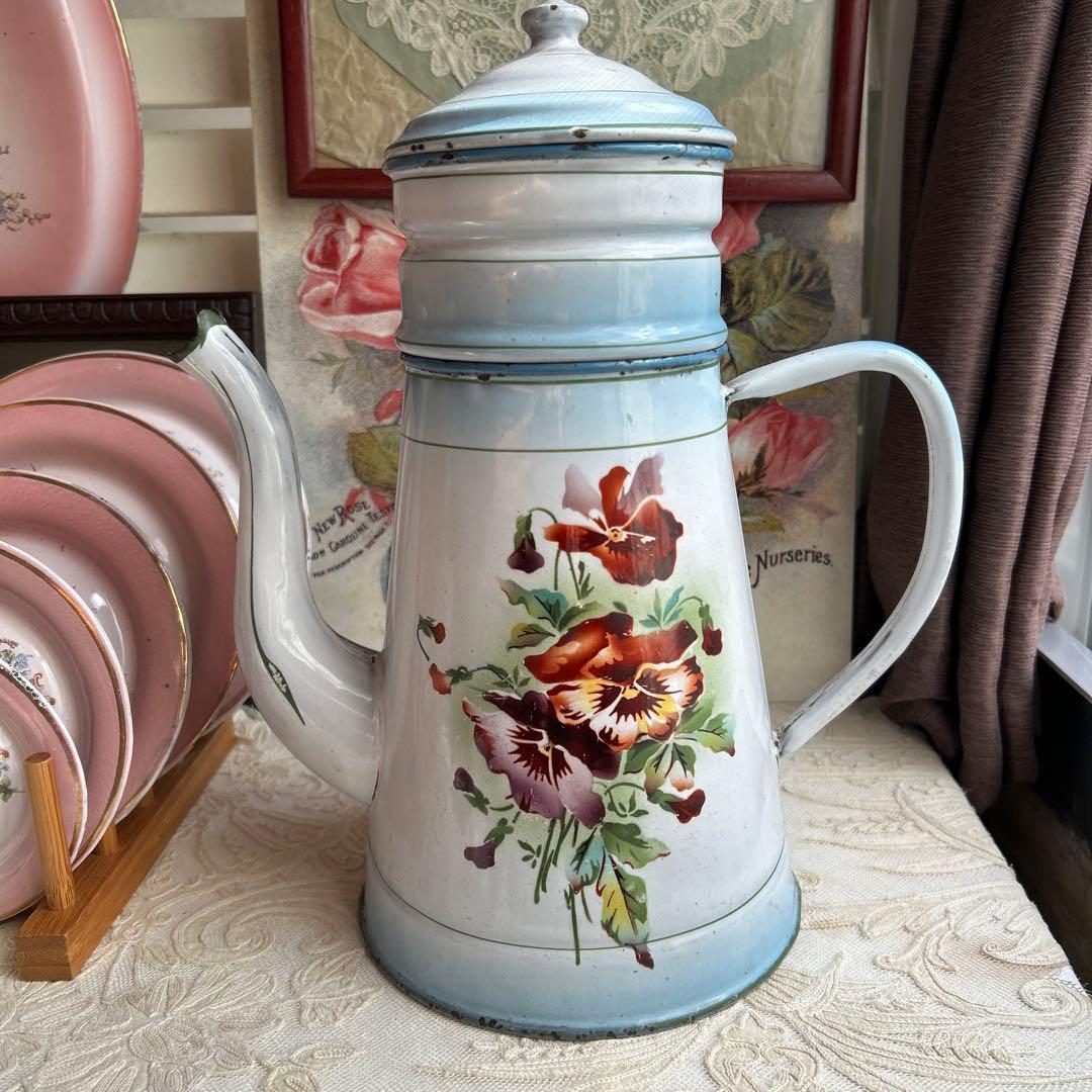 フランスアンティーク　Japy トリプルパンジー　ホーローポット