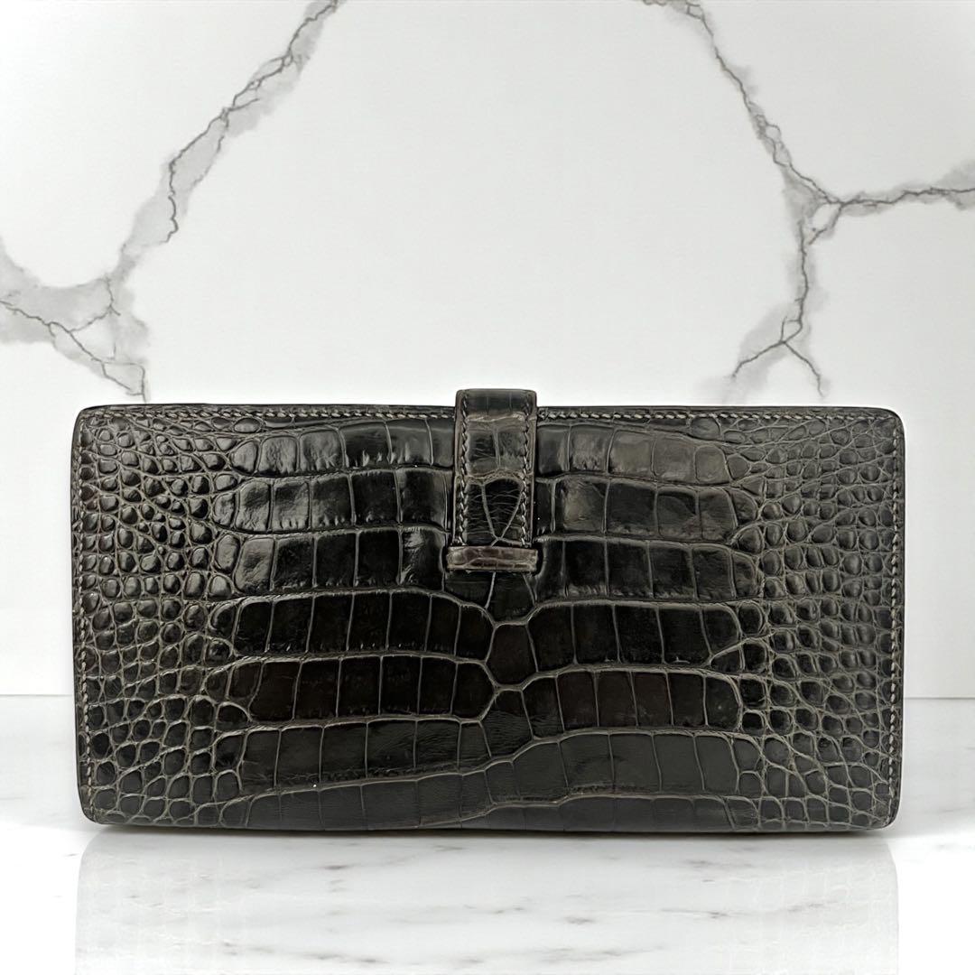 【美品】エルメス　クロコダイル　ベアンスフレ　グレー　長財布　折財布　763