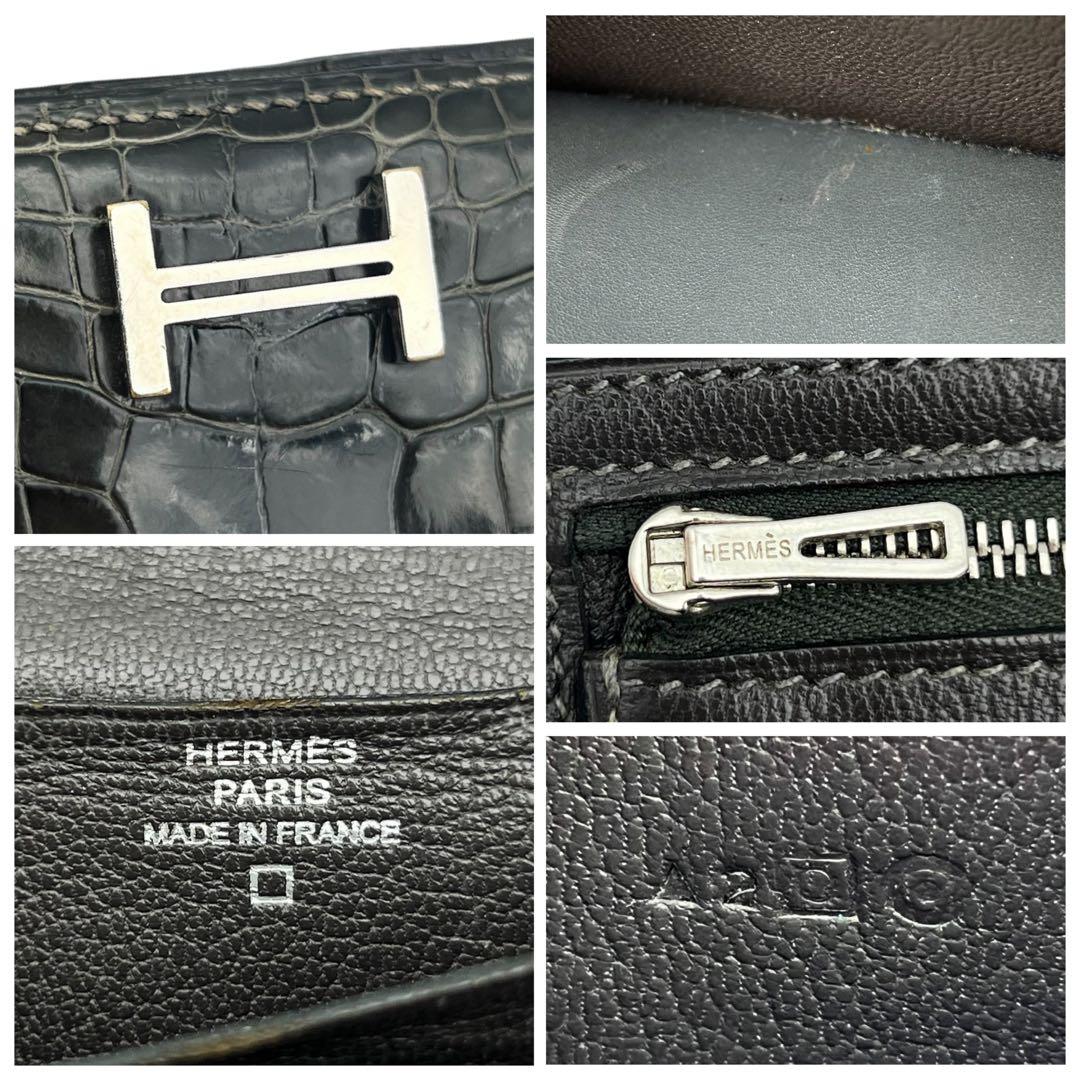 【美品】エルメス　クロコダイル　ベアンスフレ　グレー　長財布　折財布　763