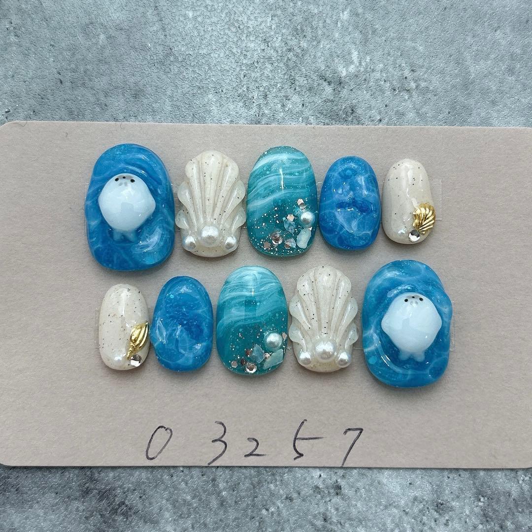 ネイルチップ紫陽花梅雨3Dてるてる坊主ニュアンスオーロラ985