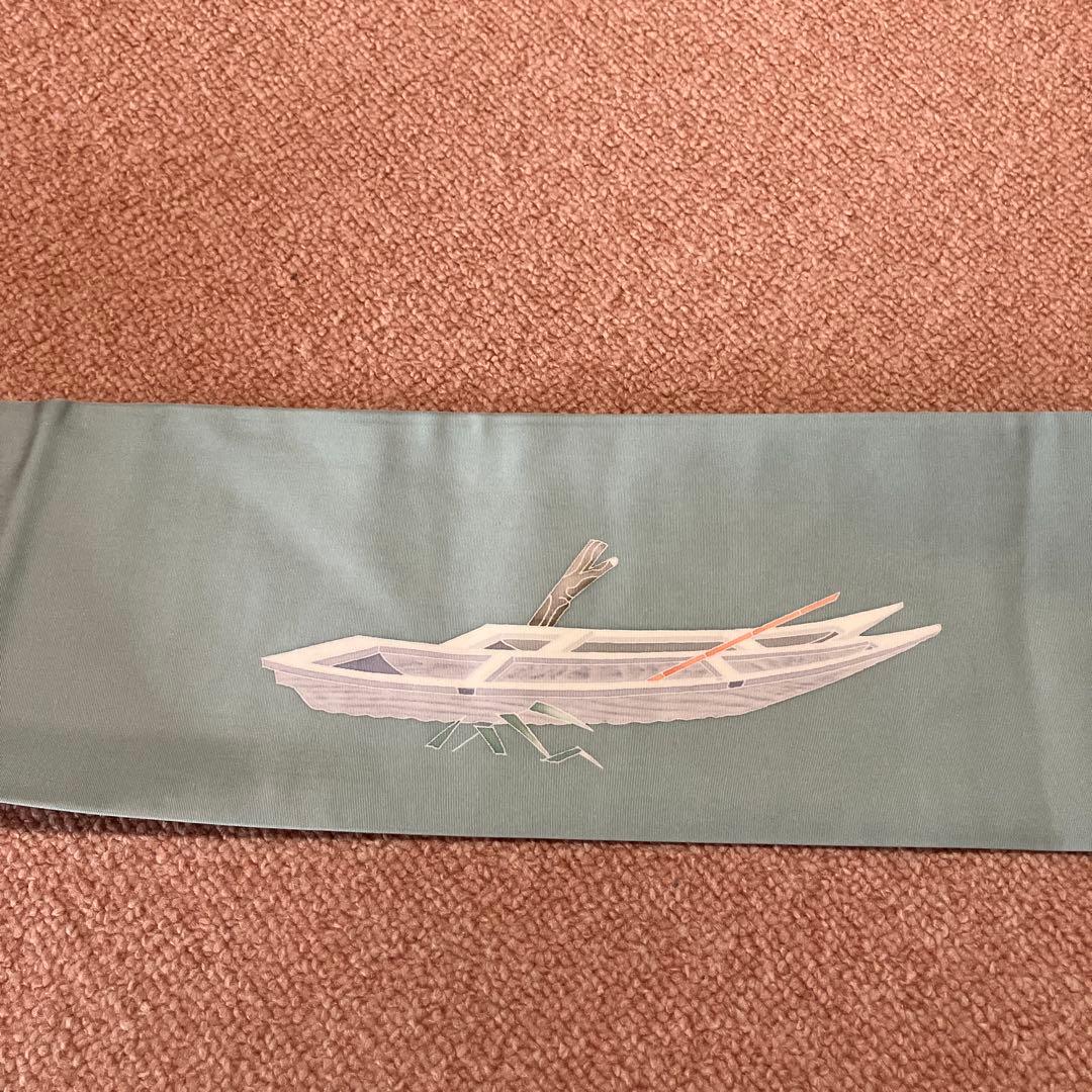 ①塩瀬 9寸名古屋帯 坂井教人 青磁色に舟