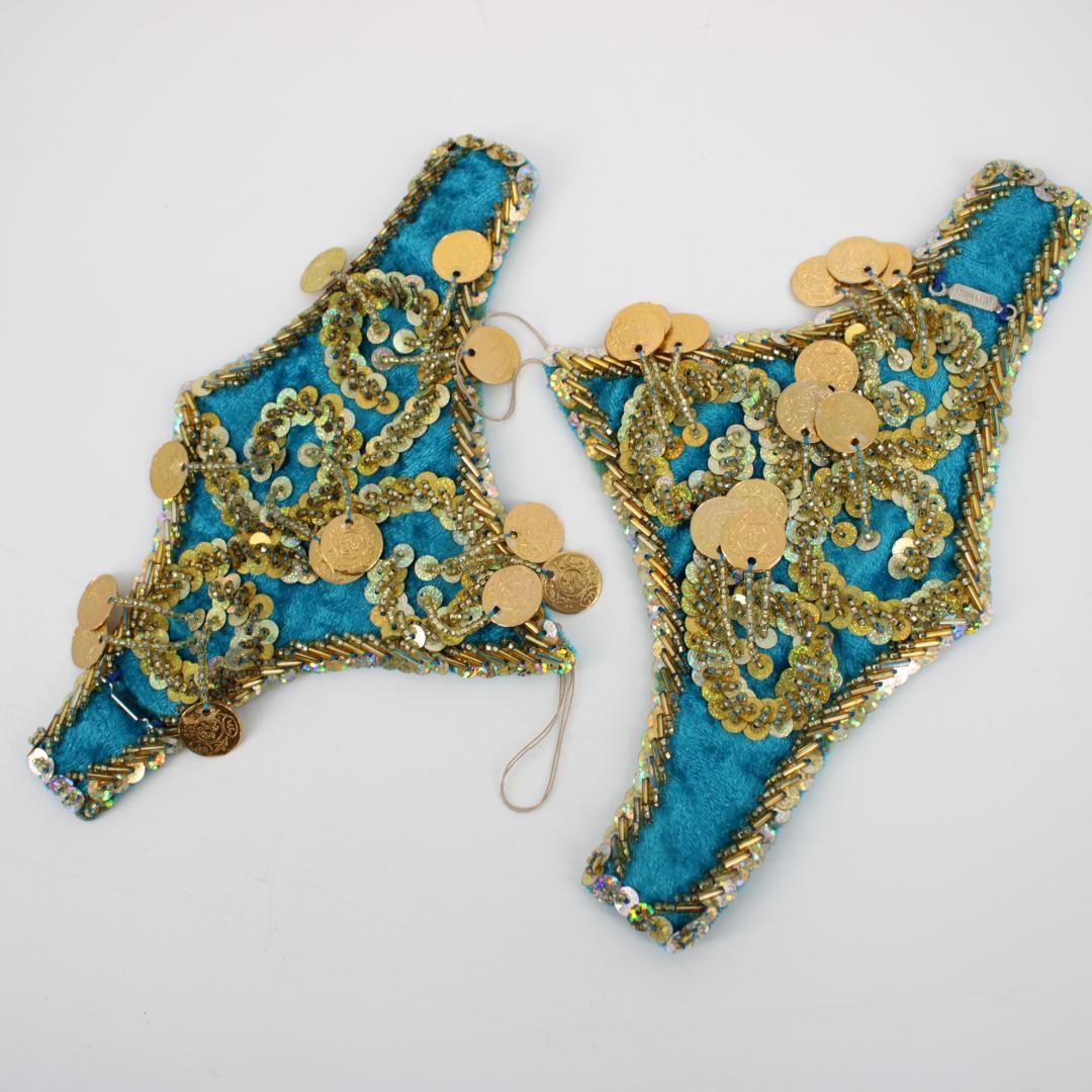 【ベリーダンス用オリエンタル衣装 エジプト製】ブルー ゴールド 上下 フルセット