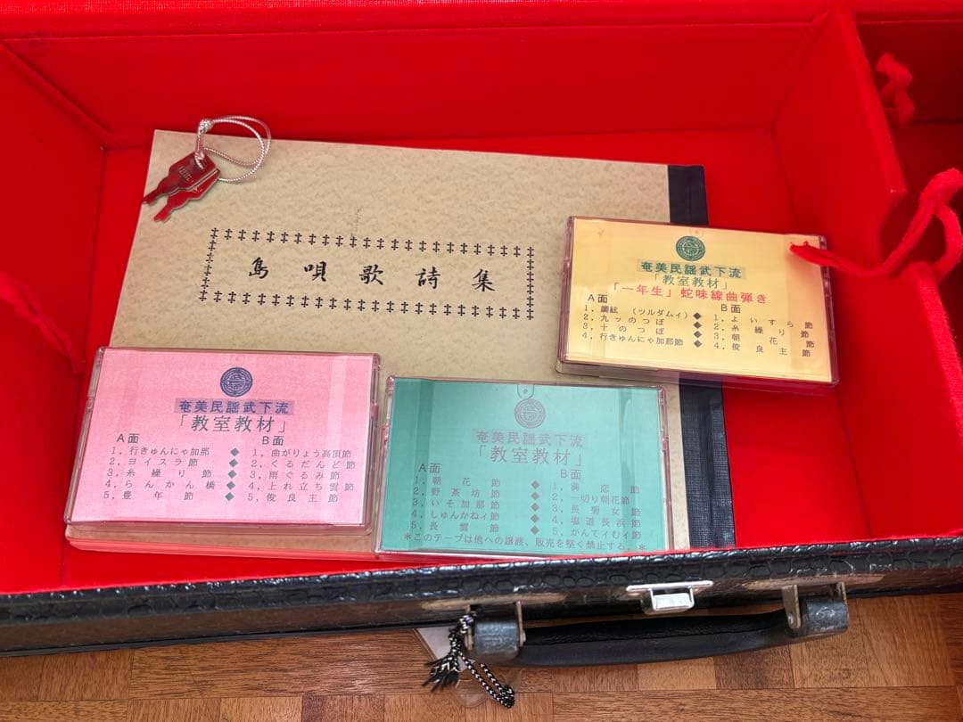 極美品　三線（沖縄三味線）奄美大島　爪　ハードケース付　テープ、島唄詩集付き