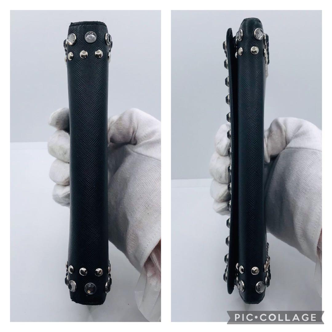 PRADA✨プラダ サフィアーノ スタッズ 長財布 シルバーロゴ金具 ネイビー