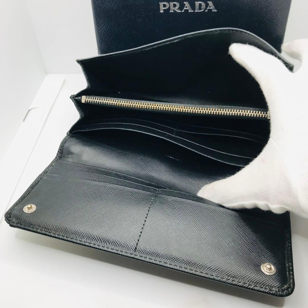PRADA✨プラダ サフィアーノ スタッズ 長財布 シルバーロゴ金具 ネイビー