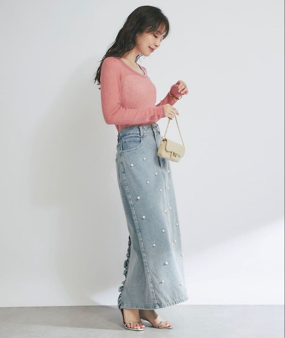 【美品】パール付きデニムタイトマキシスカート 34 ラブティックボンボン