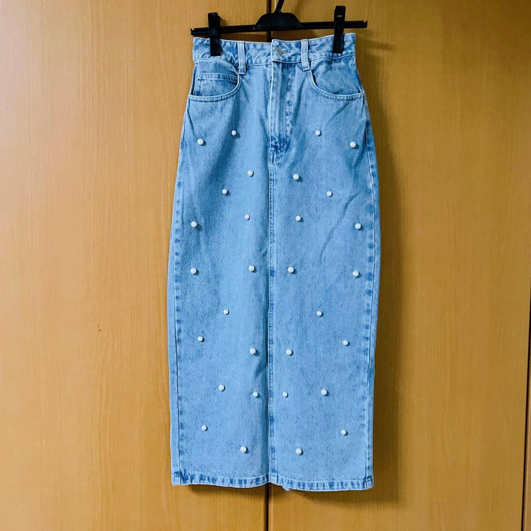 【美品】パール付きデニムタイトマキシスカート 34 ラブティックボンボン