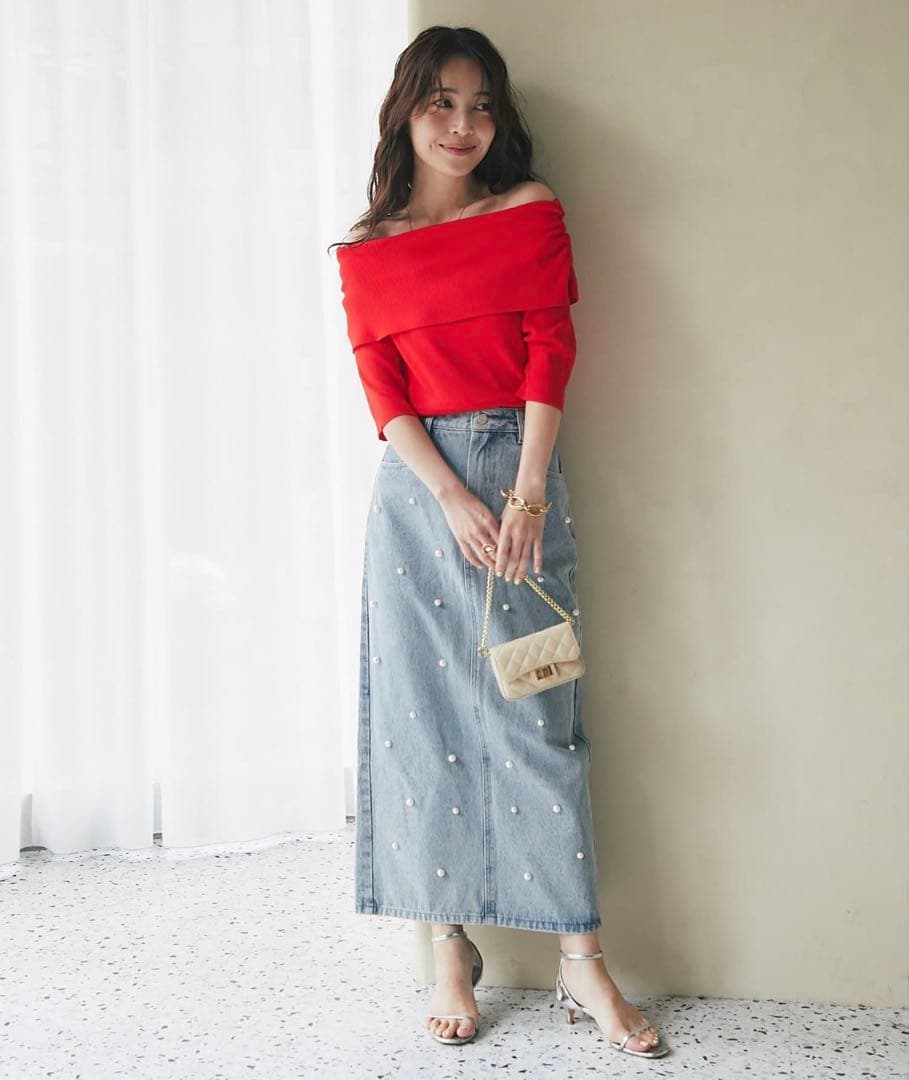 【美品】パール付きデニムタイトマキシスカート 34 ラブティックボンボン