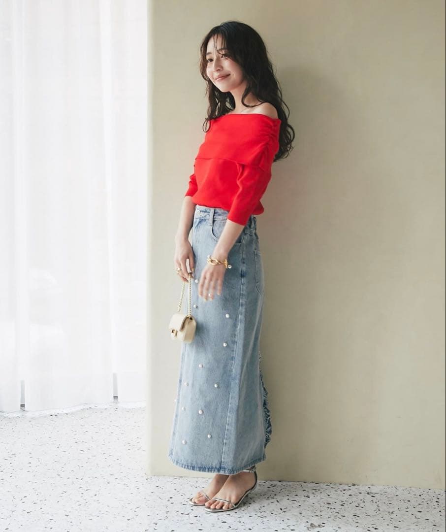 【美品】パール付きデニムタイトマキシスカート 34 ラブティックボンボン