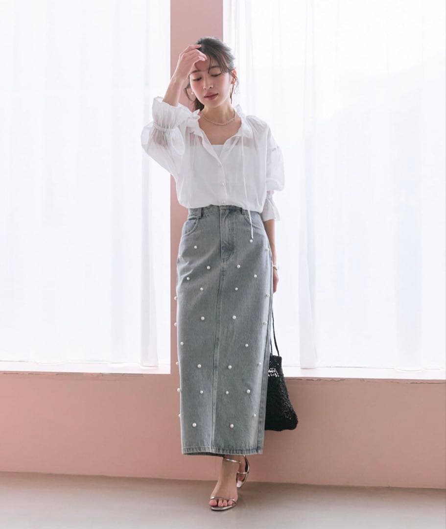 【美品】パール付きデニムタイトマキシスカート 34 ラブティックボンボン