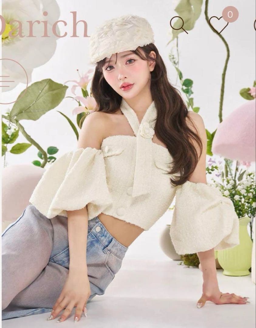 Darich ダーリッチ　ホルターネックオフショルツイードトップス