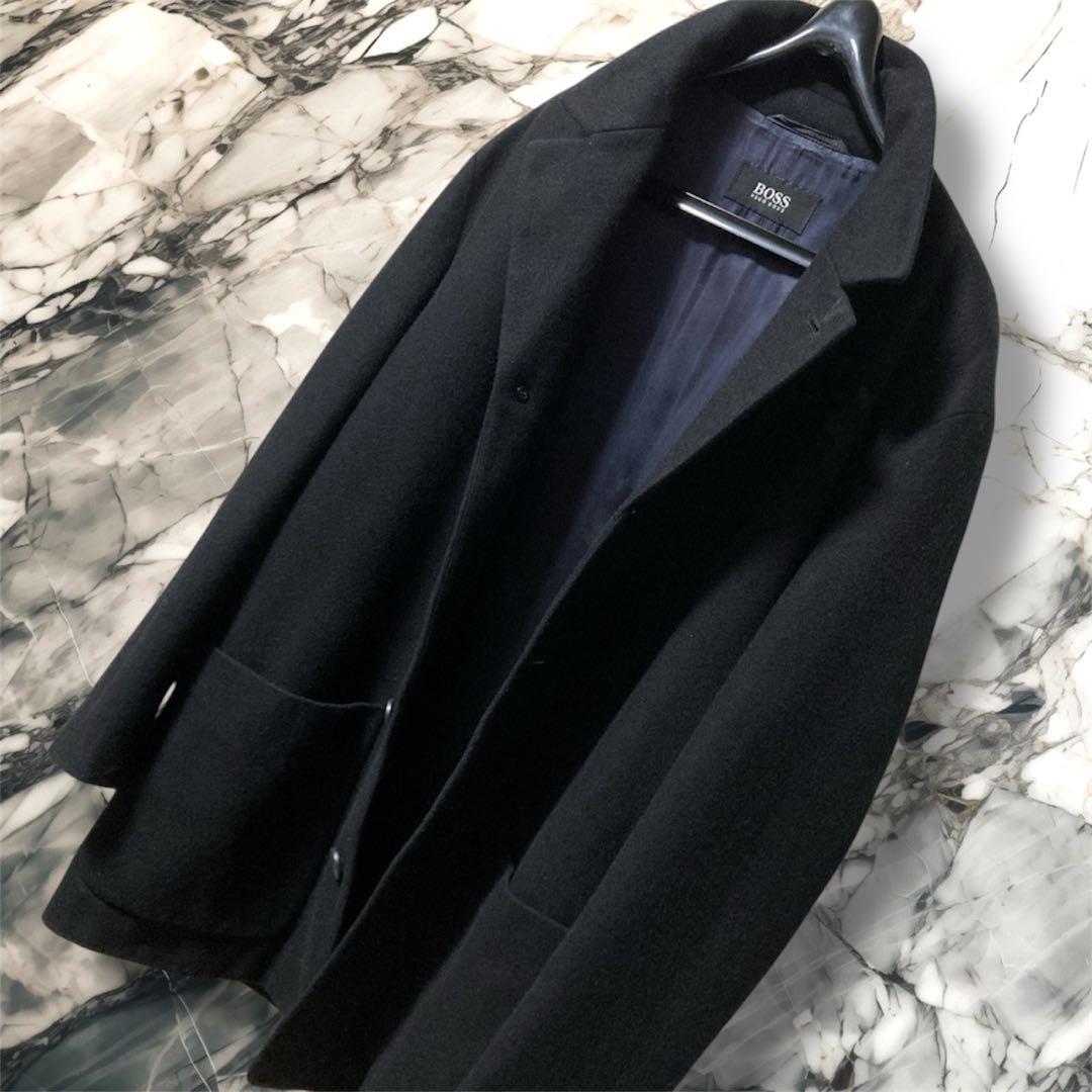 超美品 HUGO BOSS ヒューゴ ボス ブラック ウール ステンカラーコート