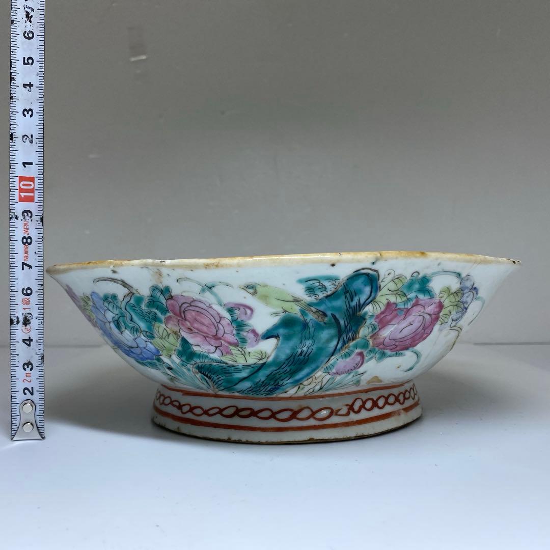 中国清時代 粉彩花鳥画鉢 幅約22㎝ 東Y7-0331②タサオ