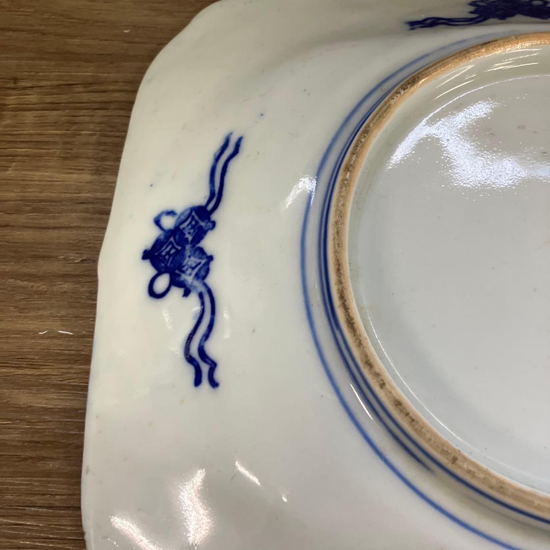 D-5時代物 伊万里焼 染付 孔雀図 牡丹図 舟形角皿 平皿 飾皿 骨董