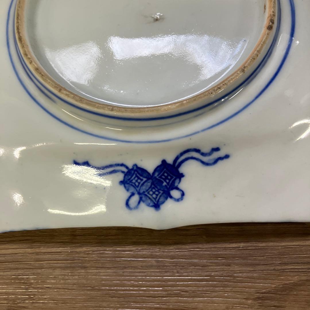 D-5時代物 伊万里焼 染付 孔雀図 牡丹図 舟形角皿 平皿 飾皿 骨董