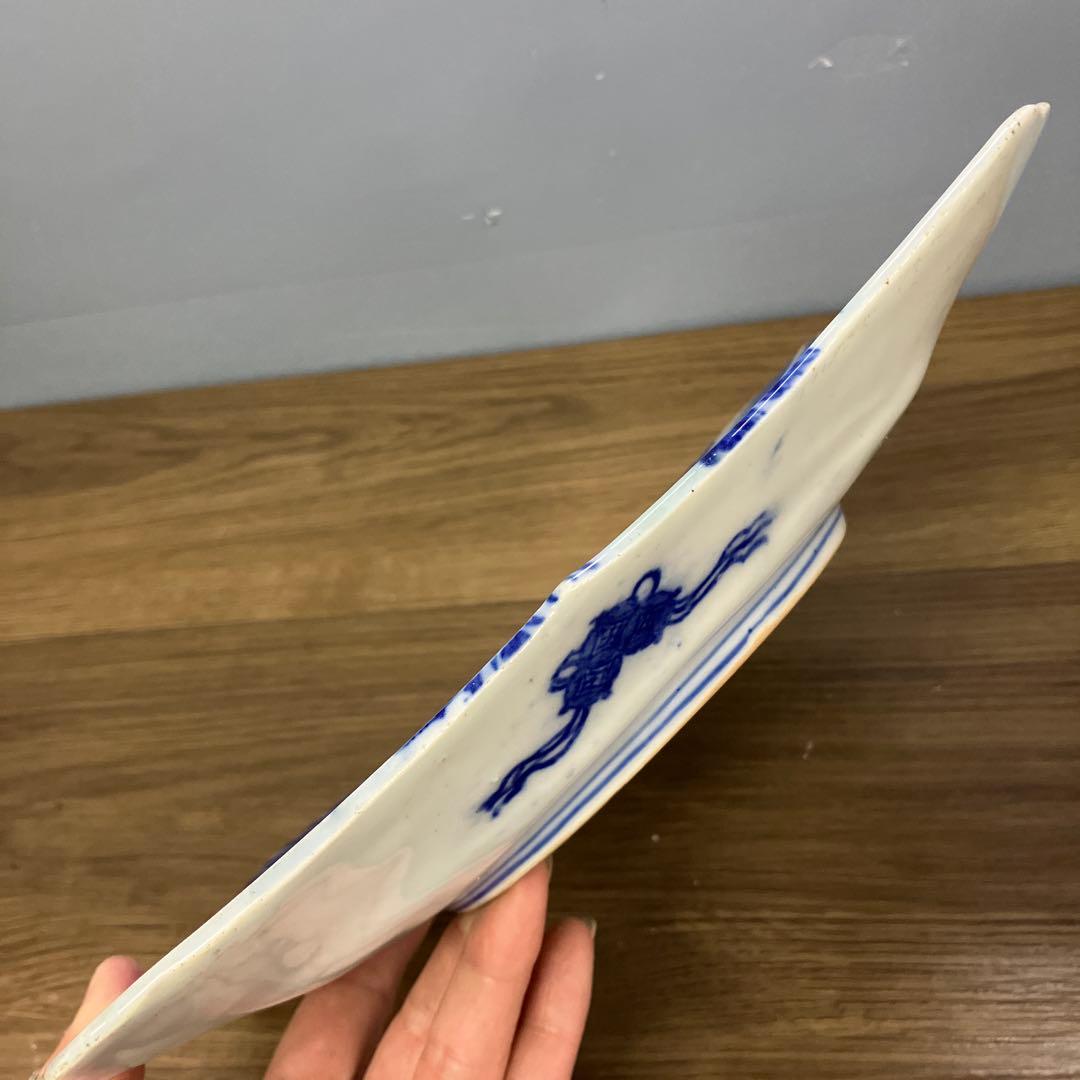 D-5時代物 伊万里焼 染付 孔雀図 牡丹図 舟形角皿 平皿 飾皿 骨董